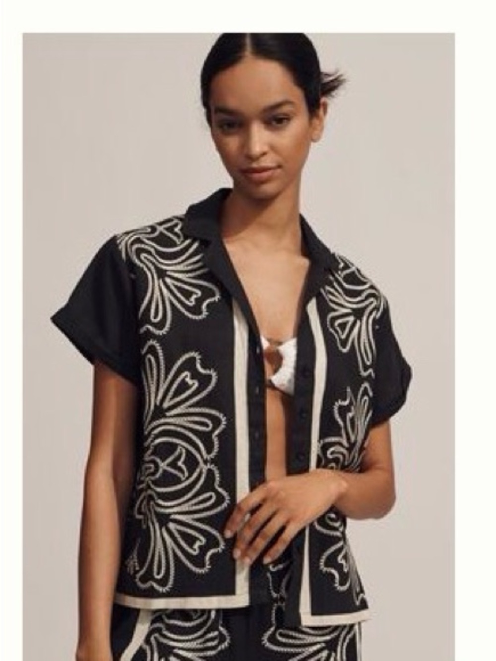 Anthropologie Black Button-Down Short Sleeve Shirt with White Embroidery